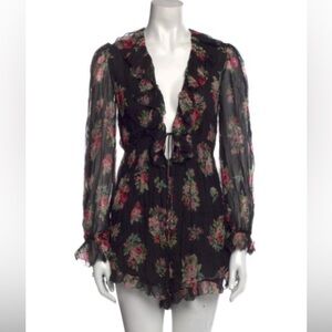 Zimmermann Black Silk Floral Romper with Sheer Details